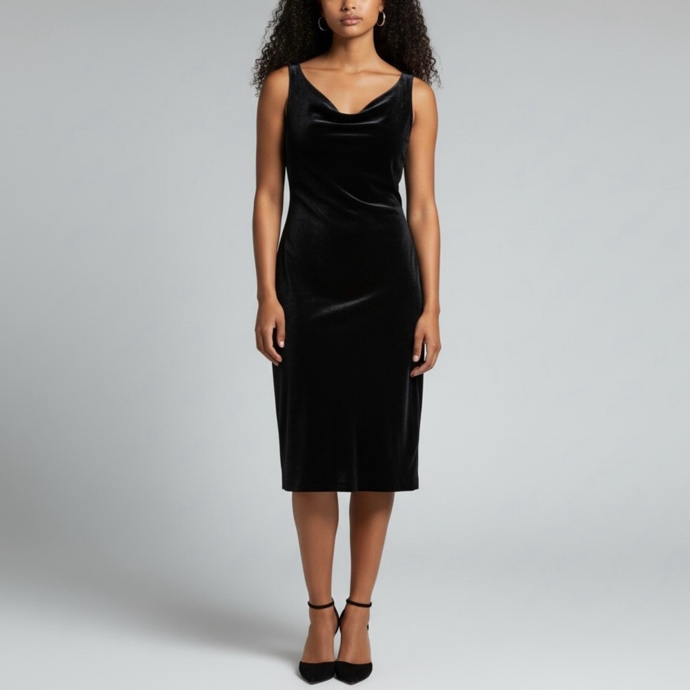 DKNY City Size Medium Black Crushed Velvet Drape Neck Midi Dress